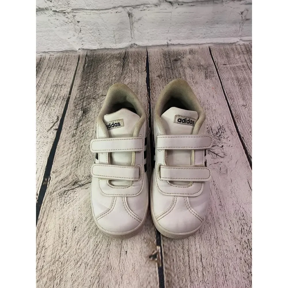 ADIDAS Girl's Court Shoes White with Black Stripes / Size: 10K